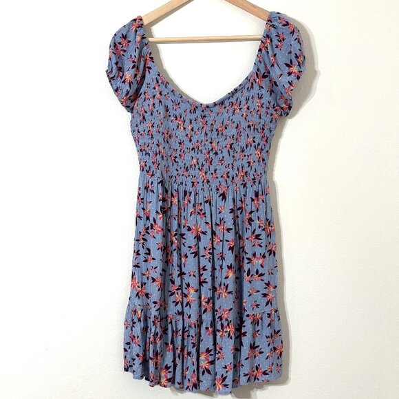 Angie Smocked Tiered Floral Dress Periwinkle Blue Ruffle Boho Tropical Festival - Picture 1 of 12